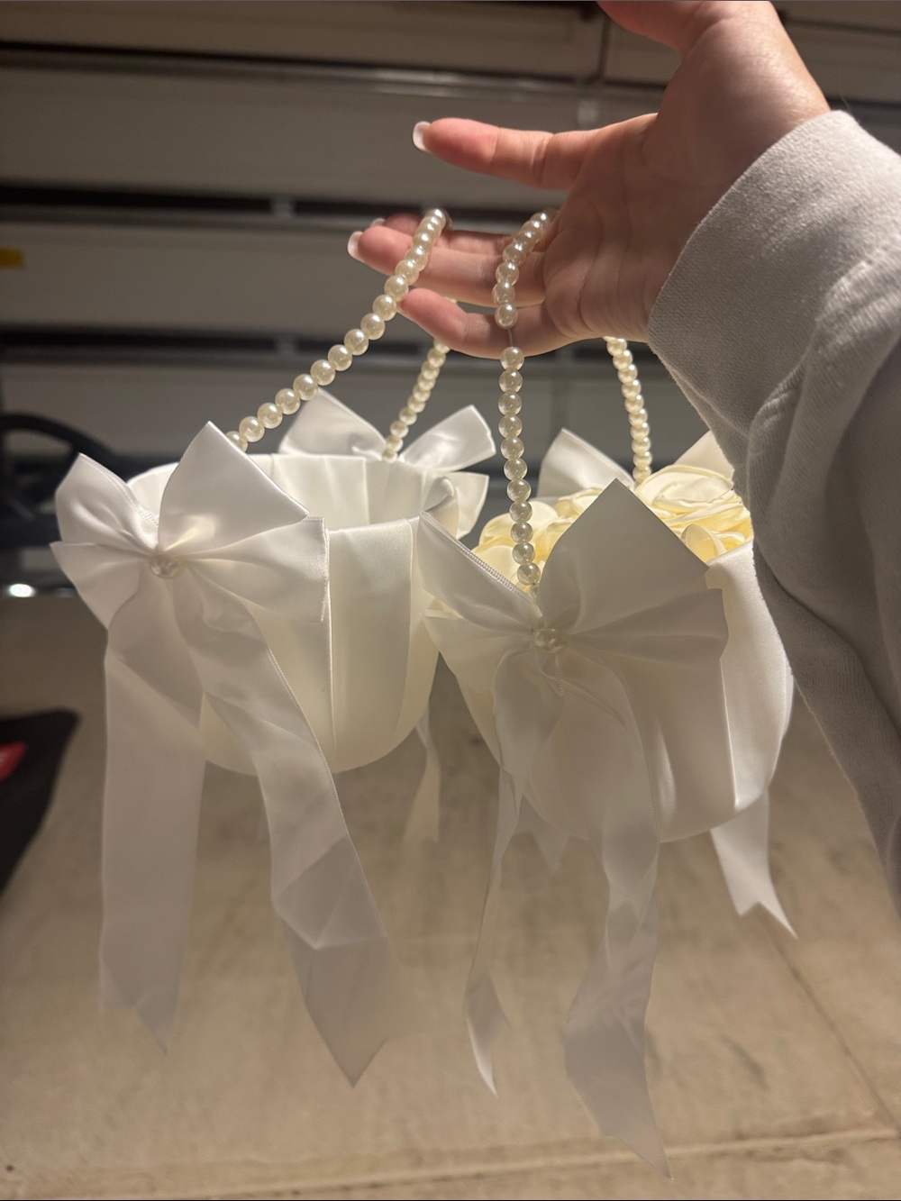 2 White Satin Flower Girl Baskets with WITH PETALS AND RING BEARER PILLOW